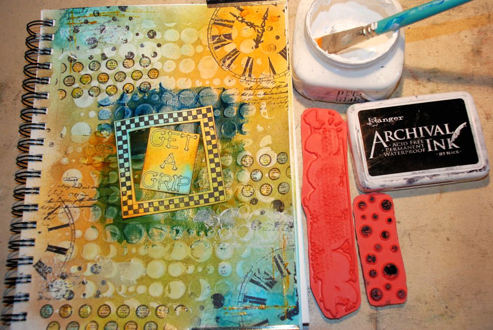 Stamp with gesso and black ink. (after stamping with Gesso immediately clean your stamp!!)