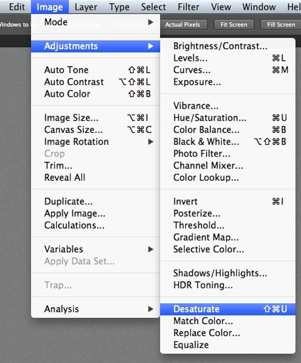 Stand by on gray layer and make monochromatic grain, go Image \u2014 Adjustments \u2014 Desaturate. Shift + Command (or Control) + U