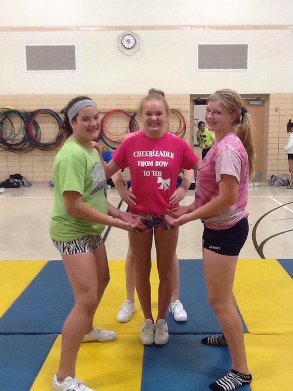 Stand in a ready position. One base on each side of the flyer. Backspot behind the flyer with hands on her waist.
