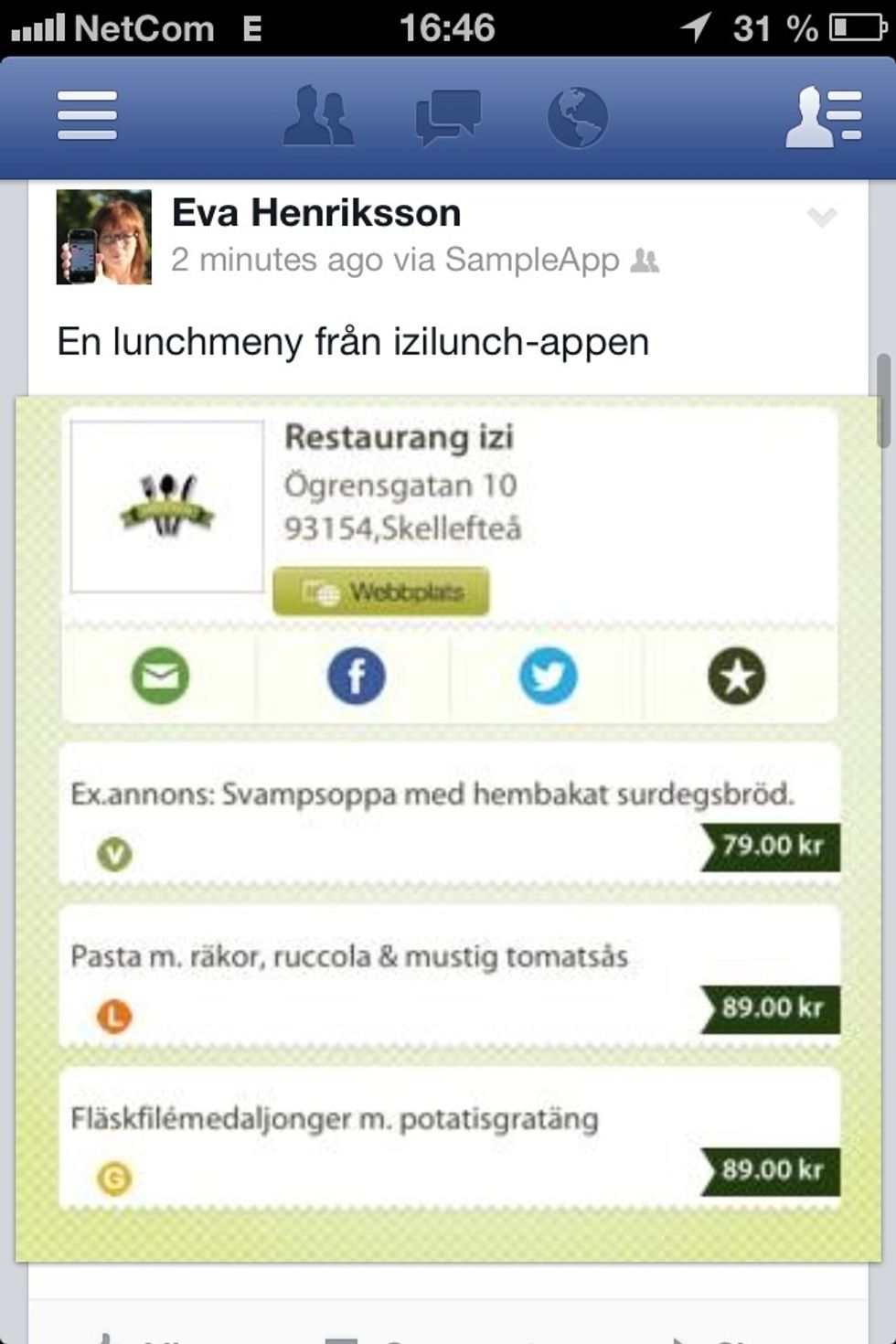 Standardtexten "En lunchmeny fr\u00e5n izilunch-appen" och sk\u00e4rmbilden postas till ditt Facebook-konto.