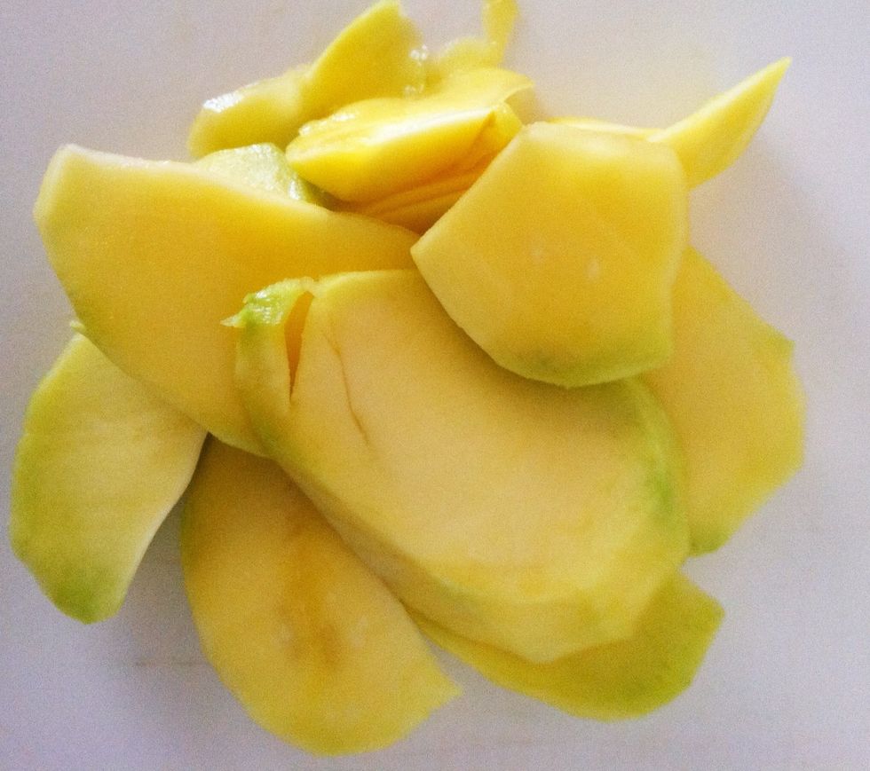 Standing the mango on the stem end, slice down to cutting board.