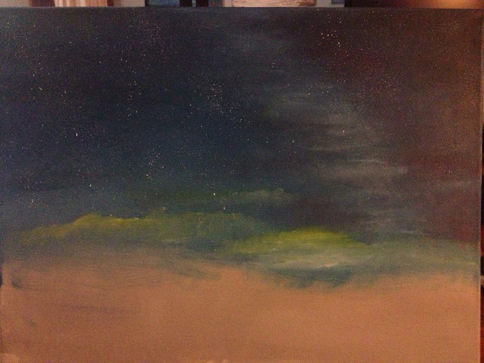 Stars are pretty easy. You need a fan brush and a pallet knife. Touch the tip of the fan into liquid white then spring it off of a knife to throw stars on the canvas.