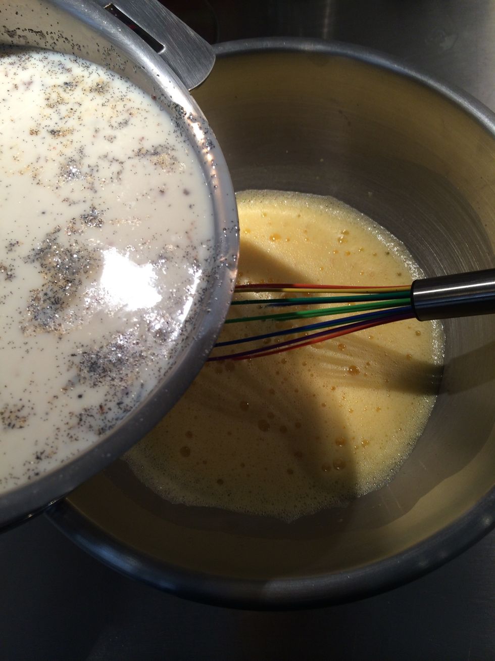 Start adding over the eggs bit by bit stirring constantly.