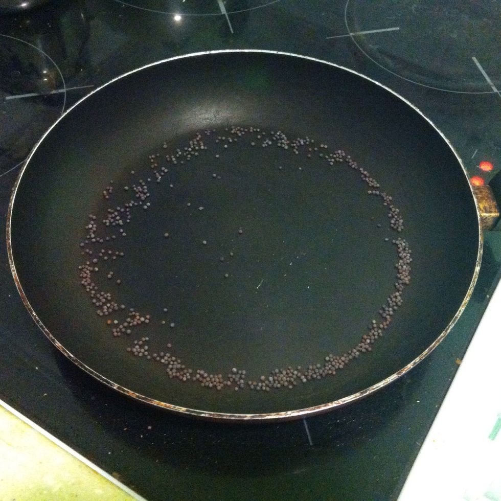 Start by adding the mustard seeds to a pan and dry fry them until they are hot and popping