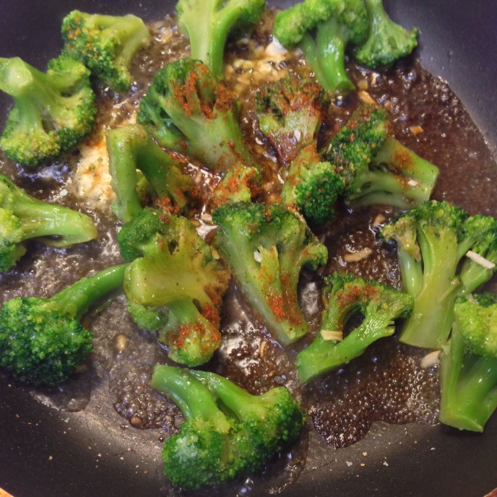 Start by adding your butter to the pan along with your broccoli. Add seasons according to your taste.