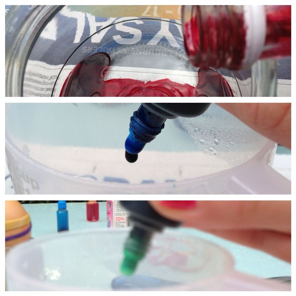 Start by adding your food colouring into a jar or small cup, big enough to fit your egg.