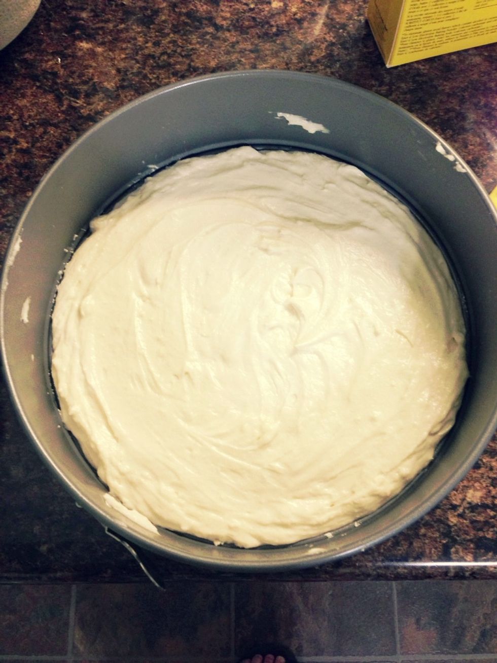 Start by baking a thin, top layer of the cake which will be a plain, white colour. Then after you can start to dye the cake batter to form the ombr\u00e9 cake.