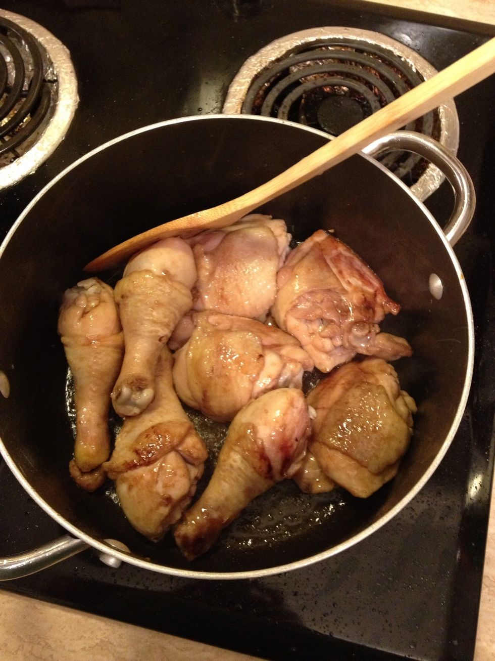 Start by browning your chicken pieces in some vegetable oil on medium-high heat.. Add a tbsp of oyster sauce and continue to brown the chicken, turning the pieces evenly. This takes about 8 minutes.