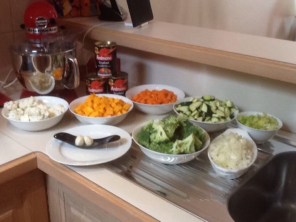 Start by chopping and peeling all of your ingredients. (Try and cut all vegetables to a similar size)