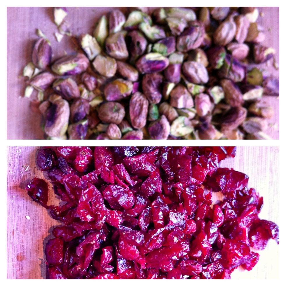Start by coarsely chopping pistachios and cranberries.