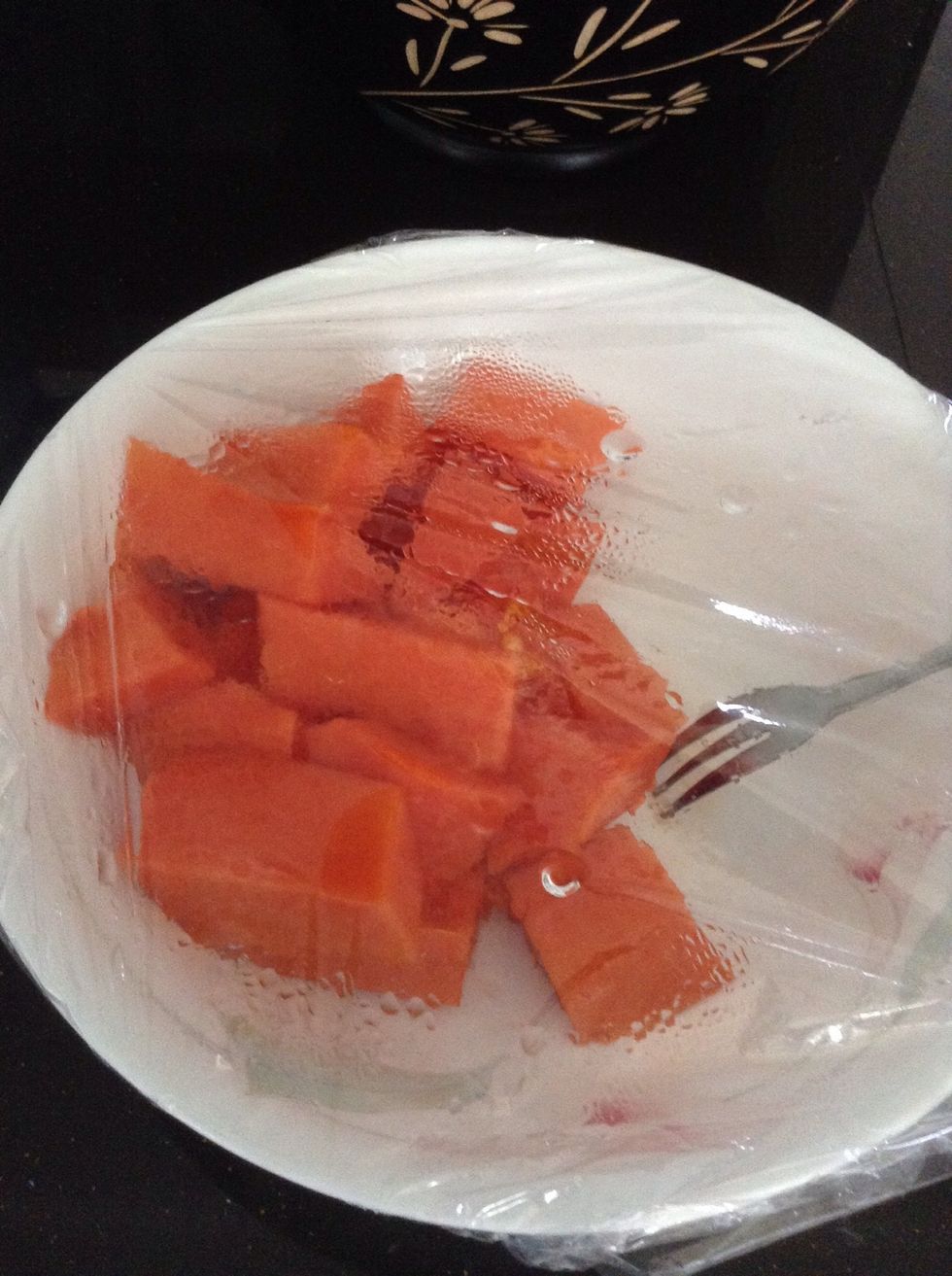 Start by cutting the papaya in to small chunks. I used about half a papaya.