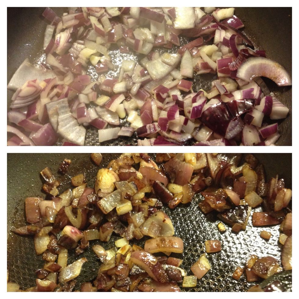 Start by dicing your onions and saut\u00e9ing them in the pan. Once they have slightly browned round the edges and turned golden then they are ready :). Set aside.