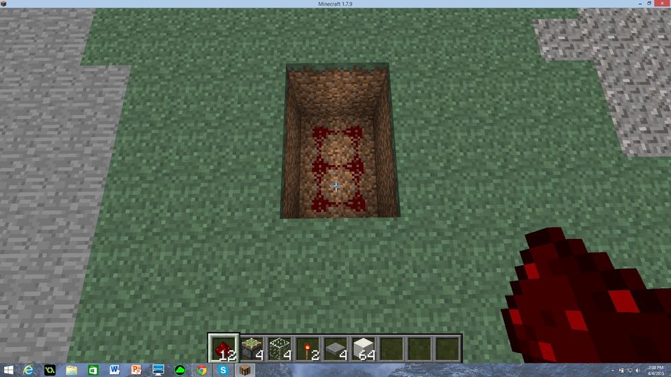 Start by digging a 2x3 whole 2 blocks deep. Then fill the bottom with red stone.