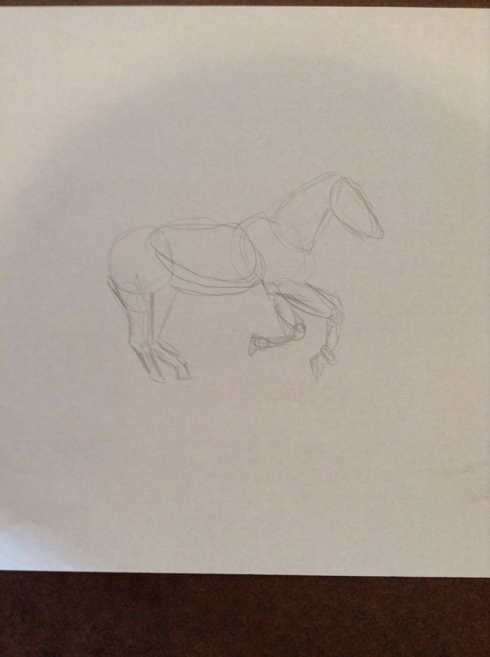 Start by drawing lightly the basic shapes of the horse. Remember that this is the basic shape of the horse. It doesn't have to be perfect.
