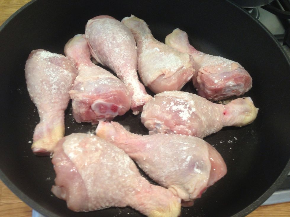 Start by dusting chicken legs and thighs in a little gluten free flour and brown in a little oil
