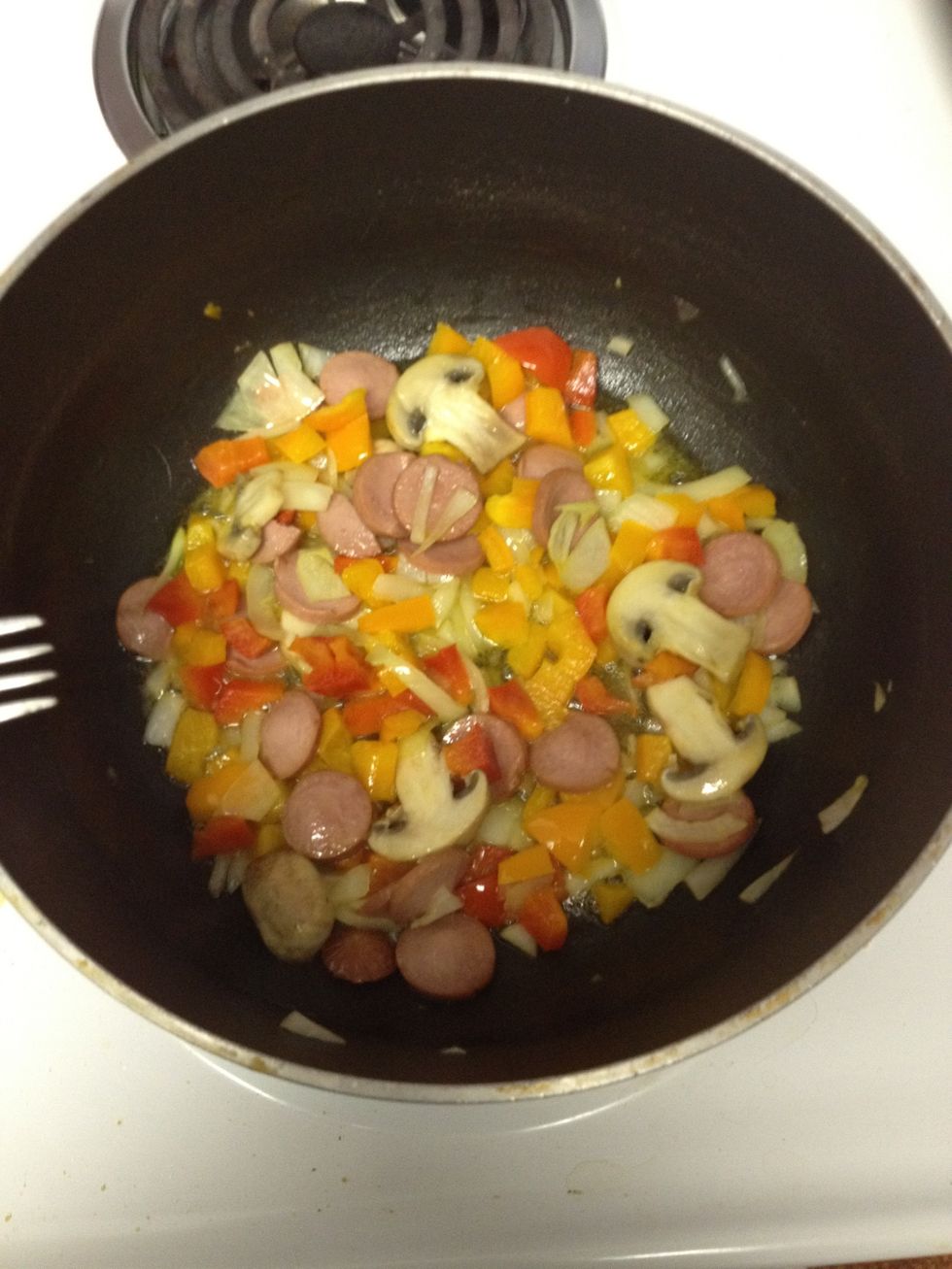 Start by frying all the ingredients ( use fat free oil spray :) )