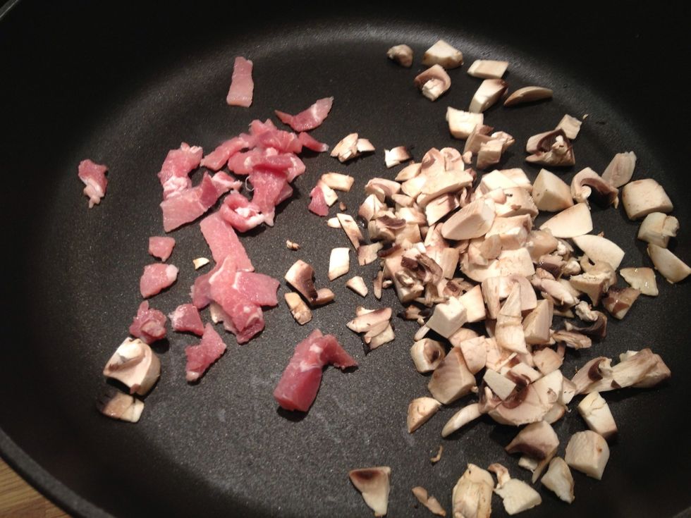 Start by frying one rasher of bacon and about four chopped mushrooms per person in a little olive or rapeseed oil