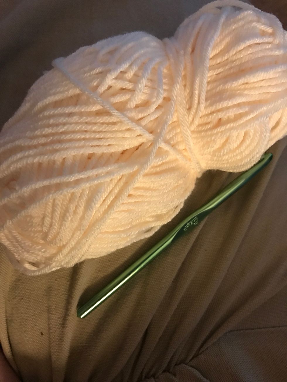 Start by gathering your supplies, I got my hook from Walmart and my yarn from Hobby Lobby.