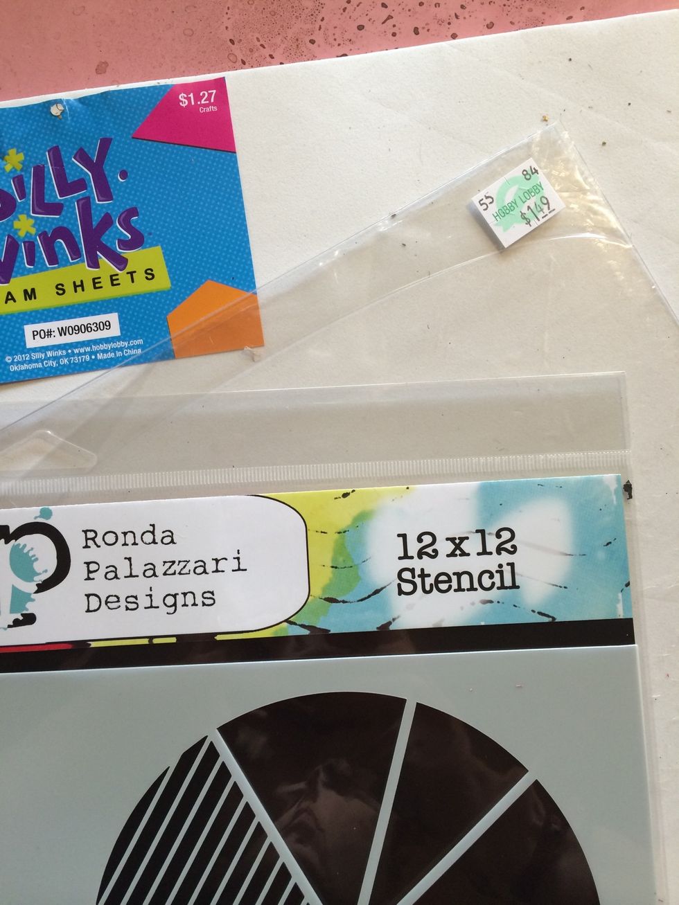 Start by gathering your supplies. My foam and acrylic are both from Hobby Lobby (pretty inexpensive as you can see) and my stencil is from The Crafter's Workshop.