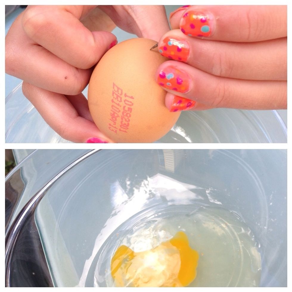Start by making a small hole at the top of the egg with a needle then making a bigger hole at the other end. Pierce the yoke with your needle, then blow the contents into a bowl.