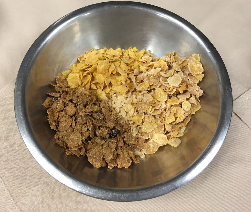 Start by mixing all of the cereal in one bowl.