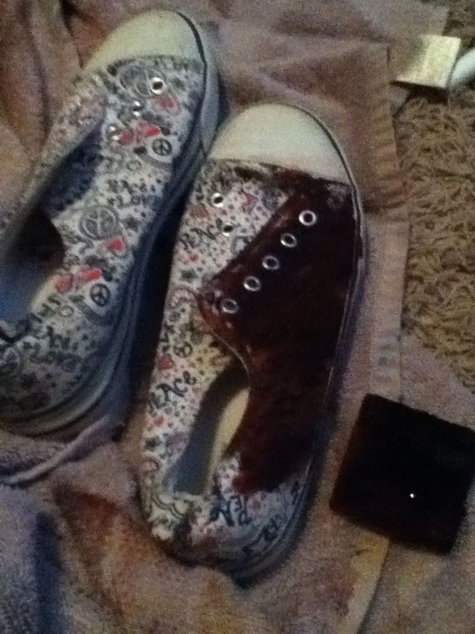 Start by painting a base color(: I did a reddish purple. To apply it, I put the die on a sponge and rubbed it onto the shoe(: one coat was enough for me
