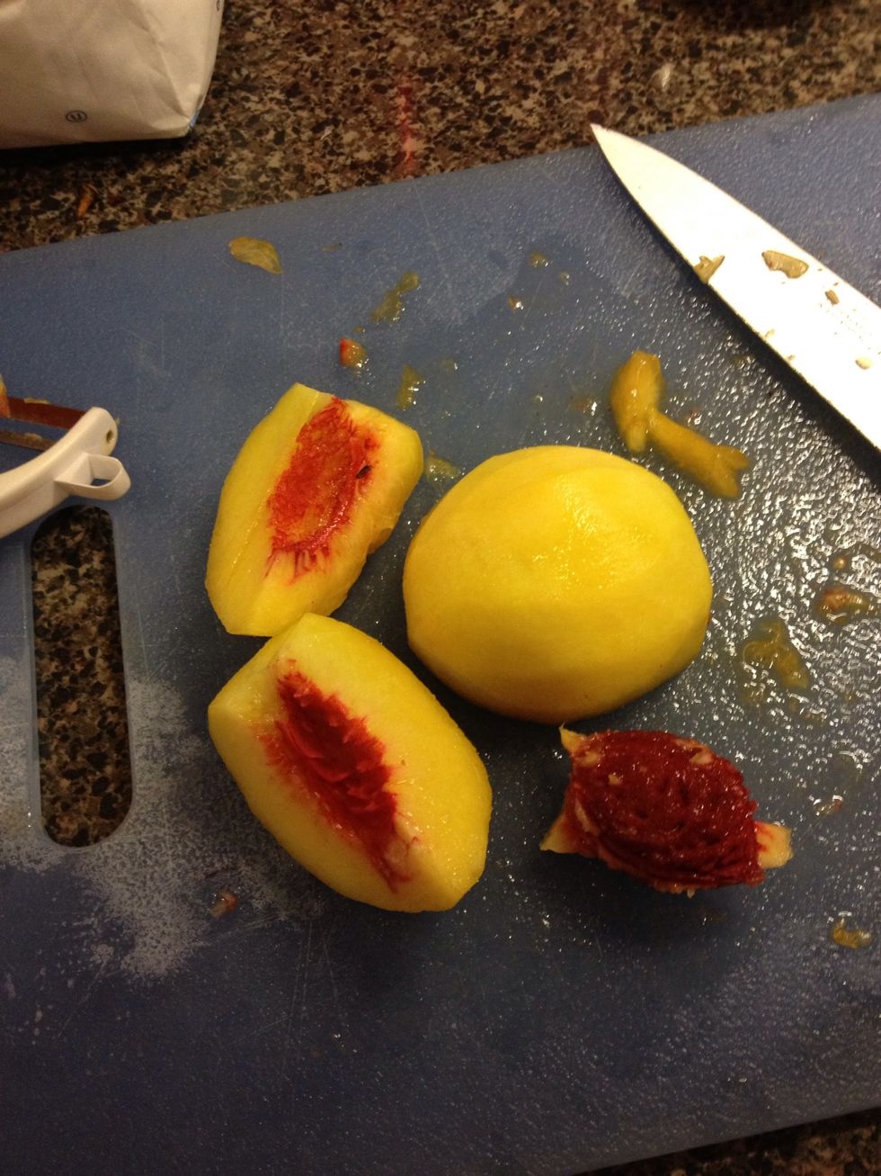 Start by peeling and pitting about 5 lbs of peaches.