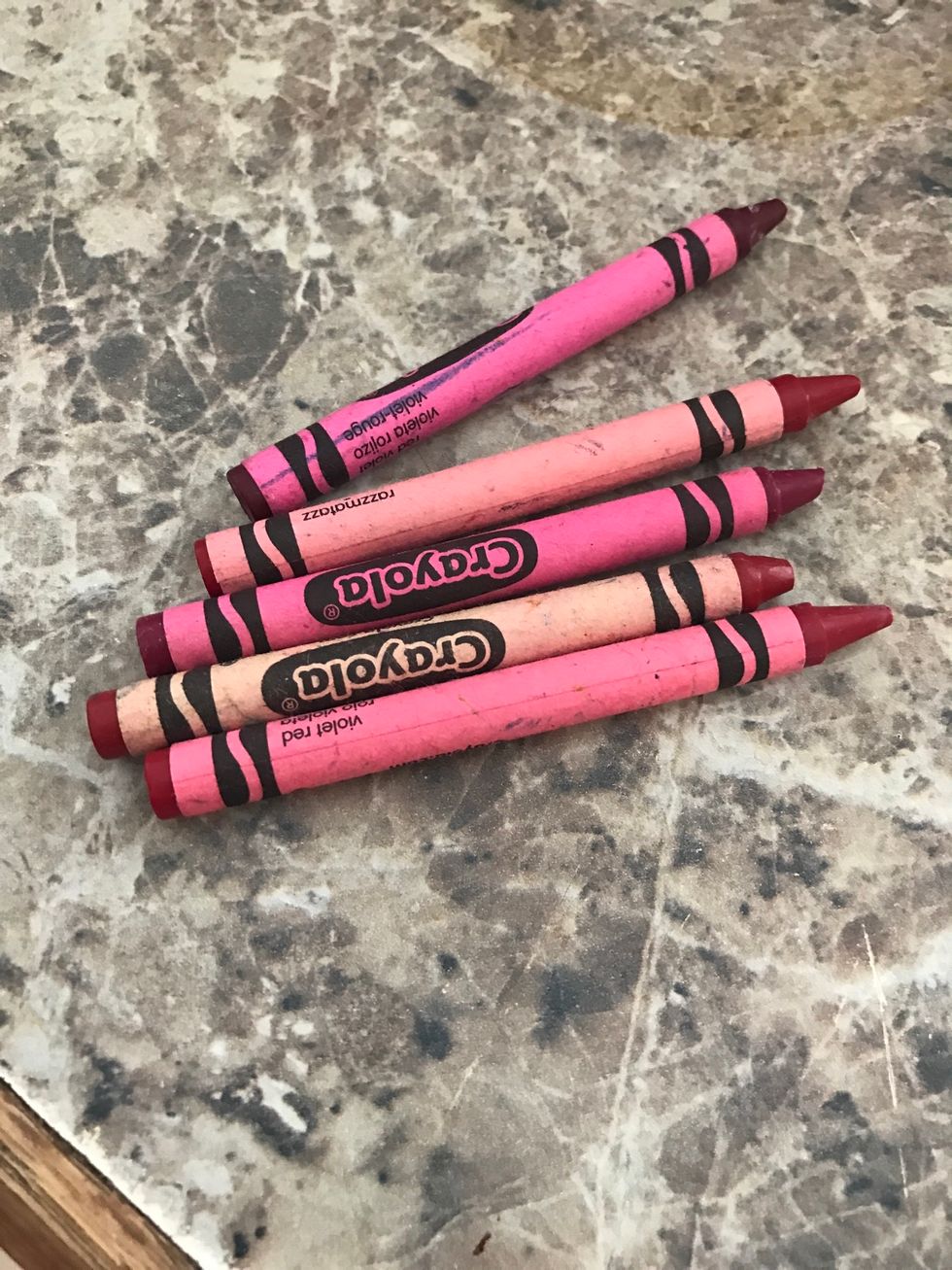 Start by picking some Non toxic crayons. I used red and pink to make a cute red lip color