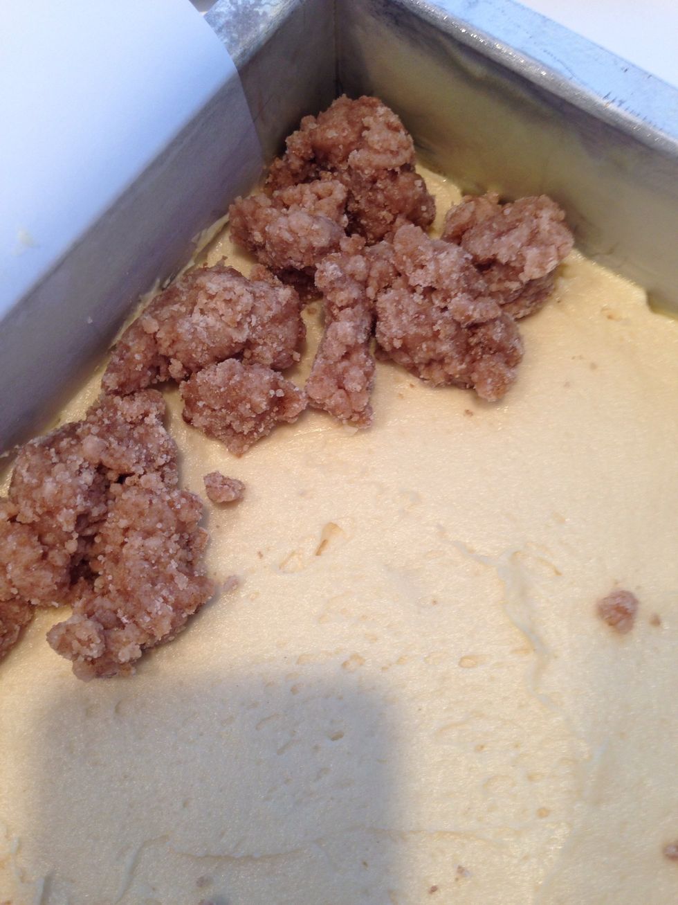 Start by putting crumbs on the edges and work into the middle. We want big crumbs, which if you followed directions, will be plentiful