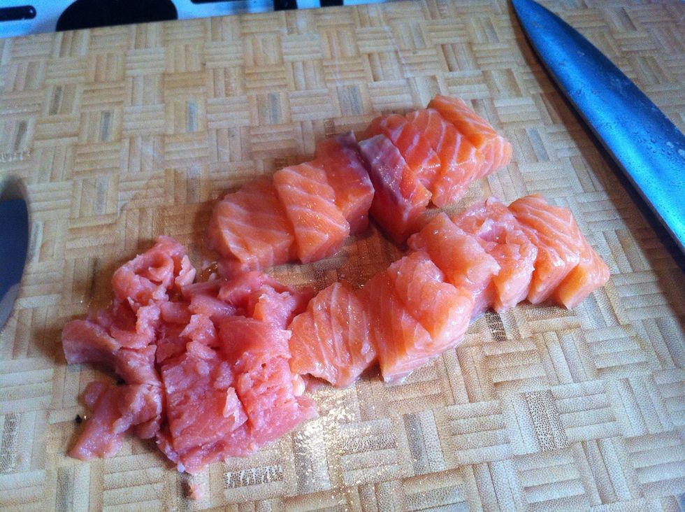 Start by slicing the salmon into chunks