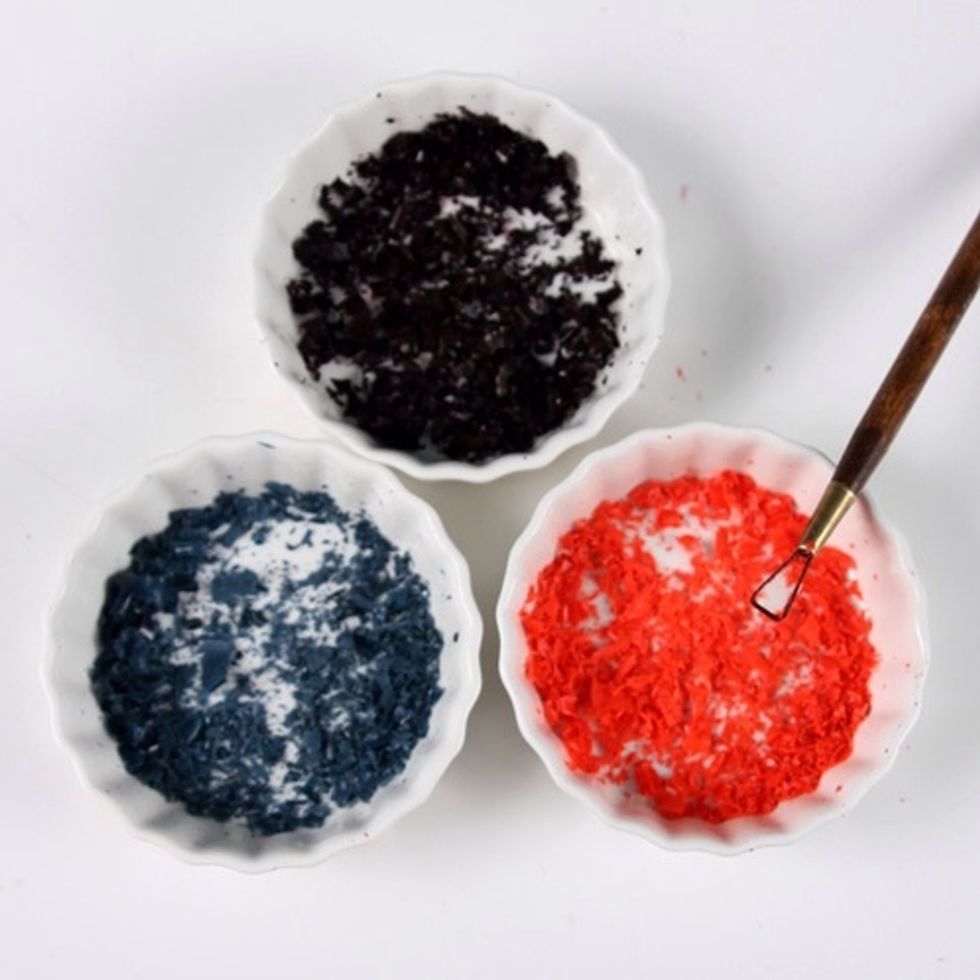 Start  by using a clean up tool to shave off chunks of the dye blocks. The amount of color you want is up to you. Shave off more for a darker color and less for a more pale color. Set colors aside.