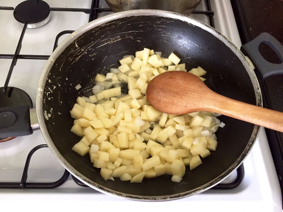 Start cooking the onion, garlic and potatoes while your are chopping everything else