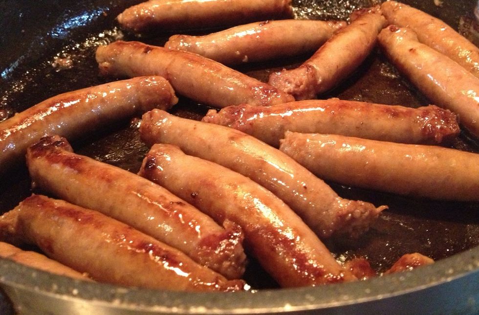 Start cooking your sausages according to package directions. I used honey & brown sugar flavor this time. The family may have a bit of a sweet tooth.
