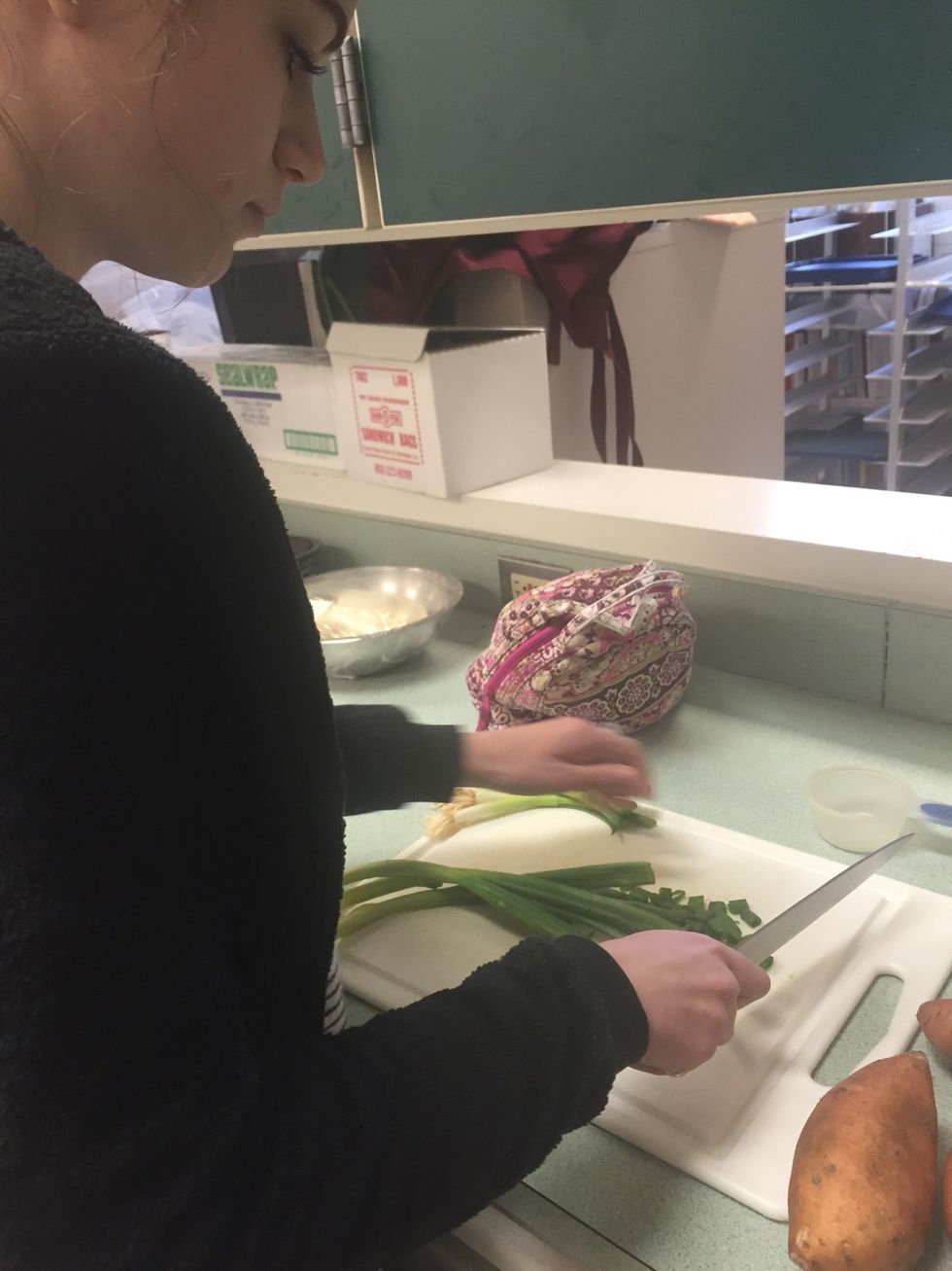 Start cutting up 1/2 cup of green onions \ud83d\udd2a