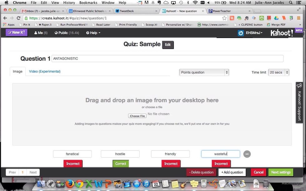 Start entering questions. For vocab reviews, I just make the word the 'question' and the answers are definitions. You need to mark which answer is correct, and you can adjust time limits from here.