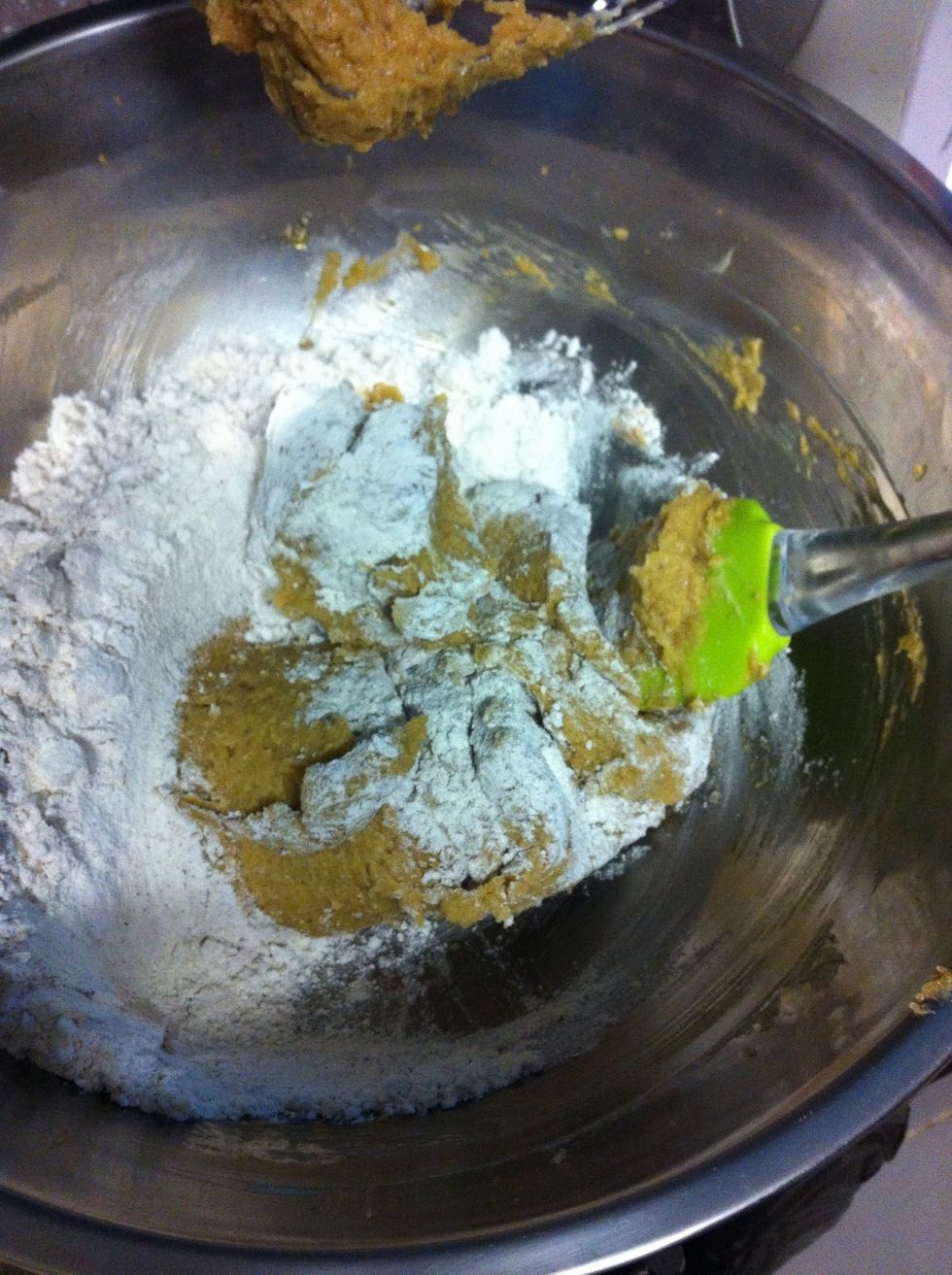 Start folding into batter. If you have a mixer which has a slow speed you can use that