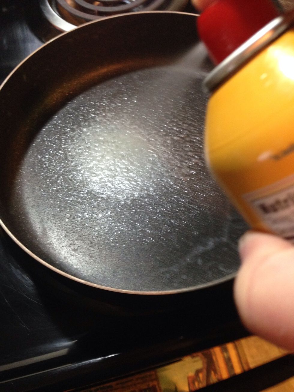 Start heating a pan on medium high and add some Pam
