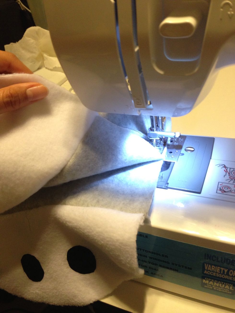 Start here and sew a u shape like right ear / To chin / then finish left ear