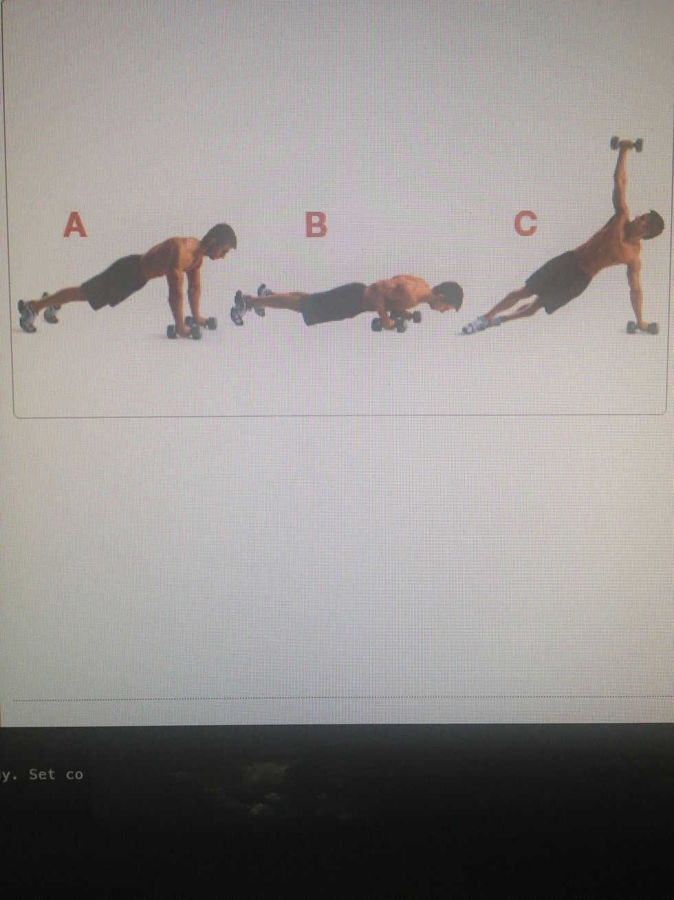 Start in push-up pos. Lower like you're doing a push-up then as you lift back up lift your right hand above your body forming a T shape. Return to original position and repeat for left side.