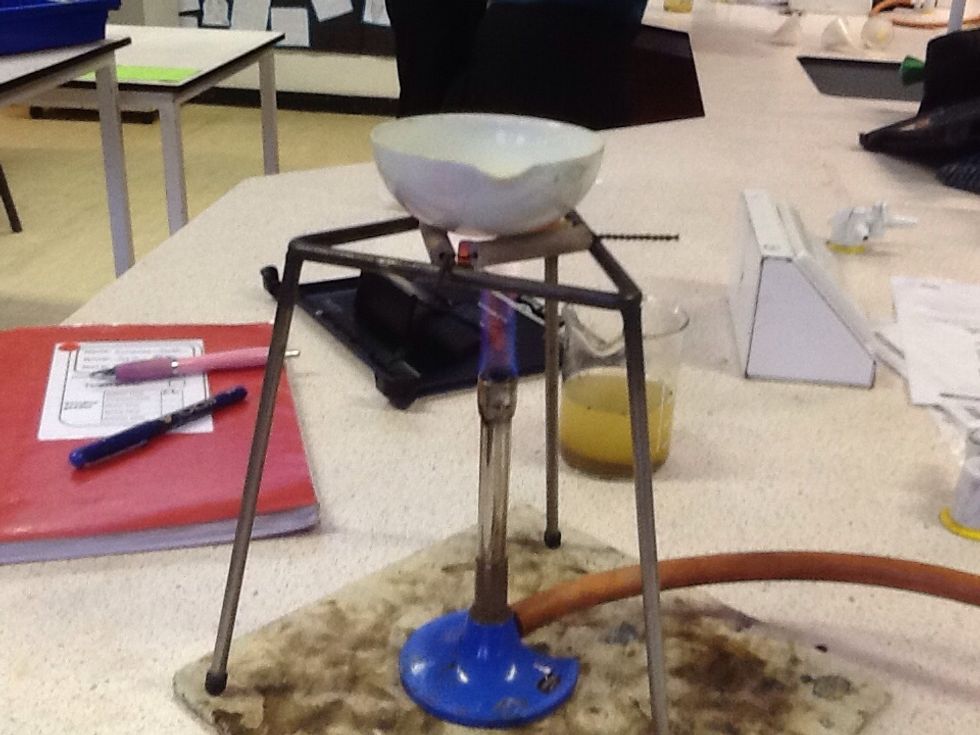 Start it boiling using the Bunsen burner. Use the splint and light it as soon as you hold it over your partner will turn on the gas.