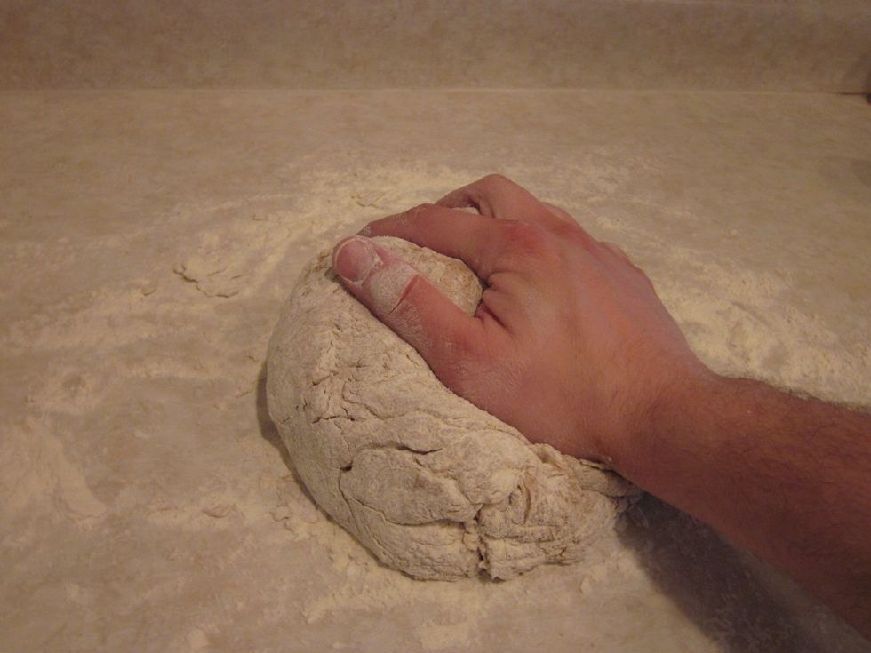 Start kneading. I don't show how to do it because that's a guide in itself. In general you are folding and stretching. Don't tear it! Work it for at least 10 min....no less!