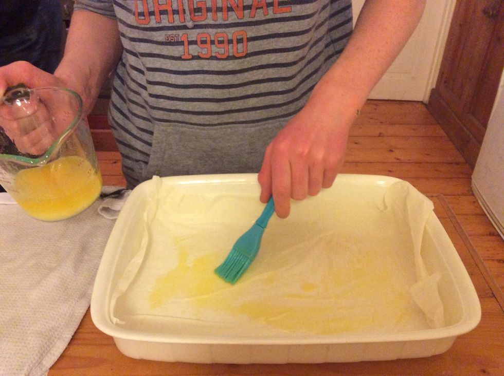 Start layering pastry in baking dish, you should have eight layers of pastry, all with melted butter or oil in between, except the top layer. This will become your pastry base.