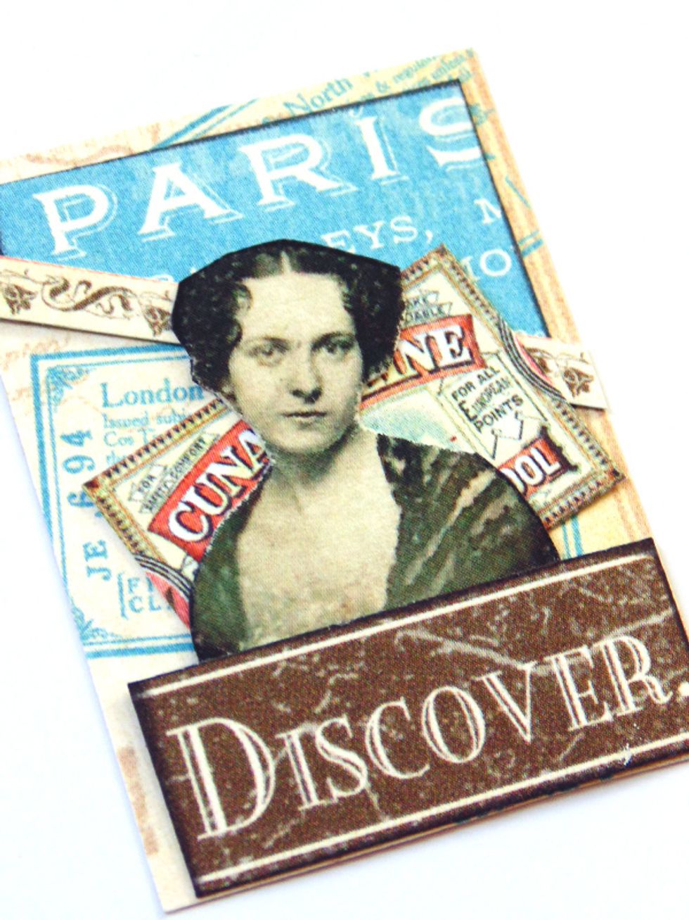 Start layering small cut elements from Graphic 45's 'Come Away with Me'. I've used pieces from the pages Look Out World, Come Away With Me, and Vintage Voyage.