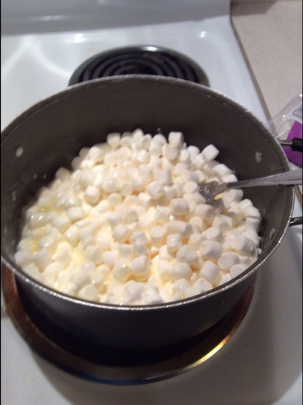 Start melting the marshmallows and butter in the pan