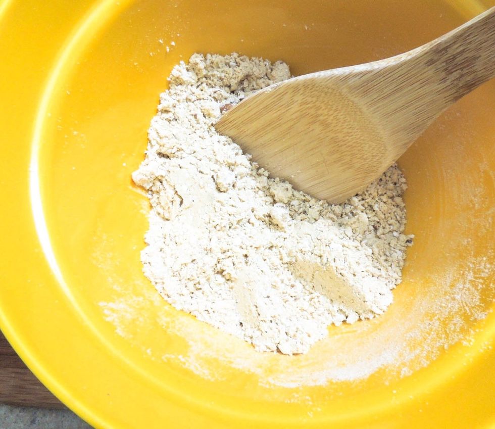 Start mixing and especially chopping walnuts in small pieces. It's easier to use food processor, but it's not necessary.