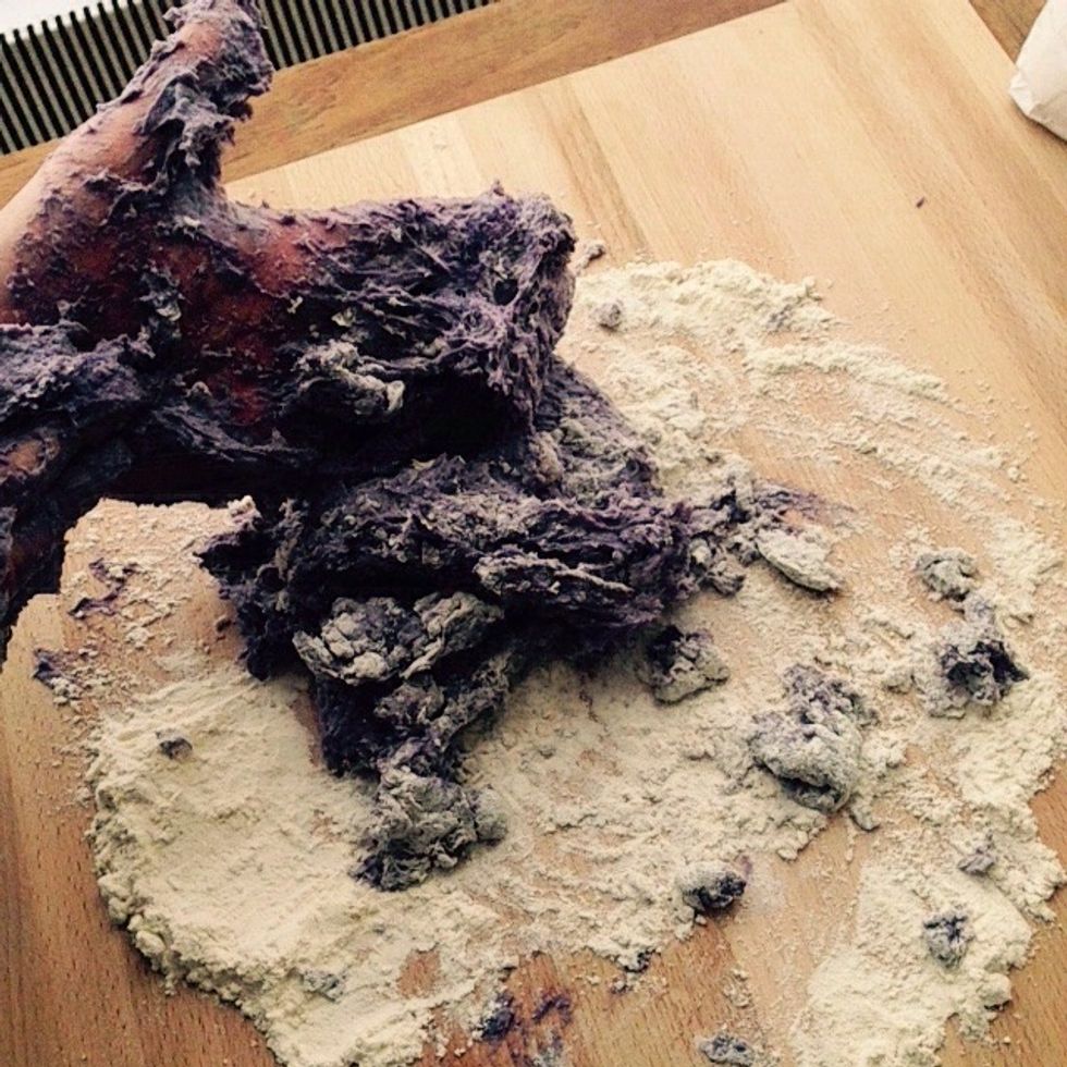 Start mixing the dough with your hands, add as much flour as you need if sticky