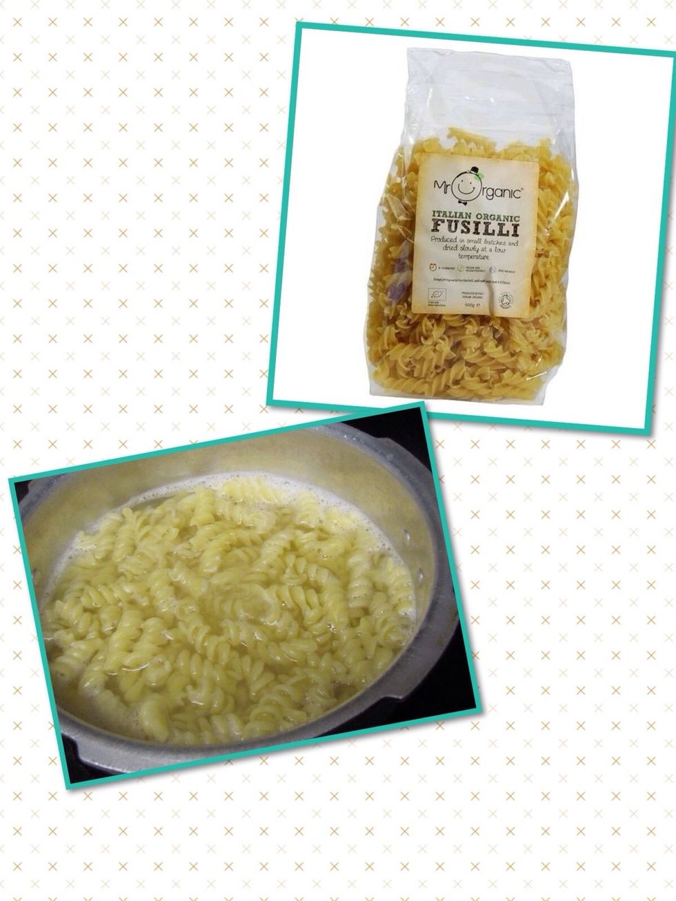 Start of by boiling some water for your pasta and after 5 minutes, when the water is hot and is bubbling, add your pasta. Add 2 tbsp of oil to prevent the pasta from sticking to each other.