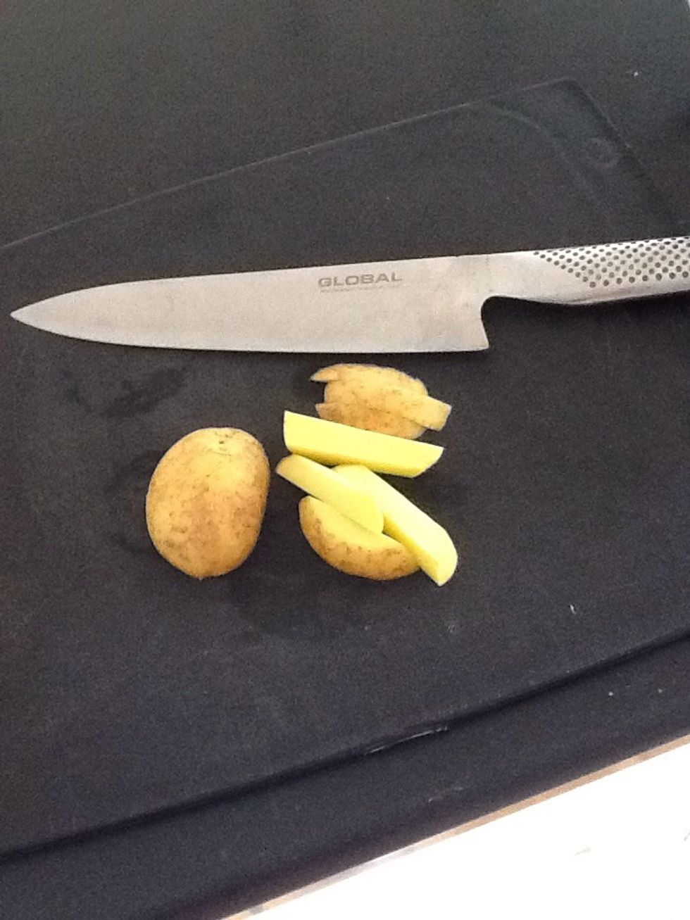 Start of with chopping your potato into frensh fries - like cubes