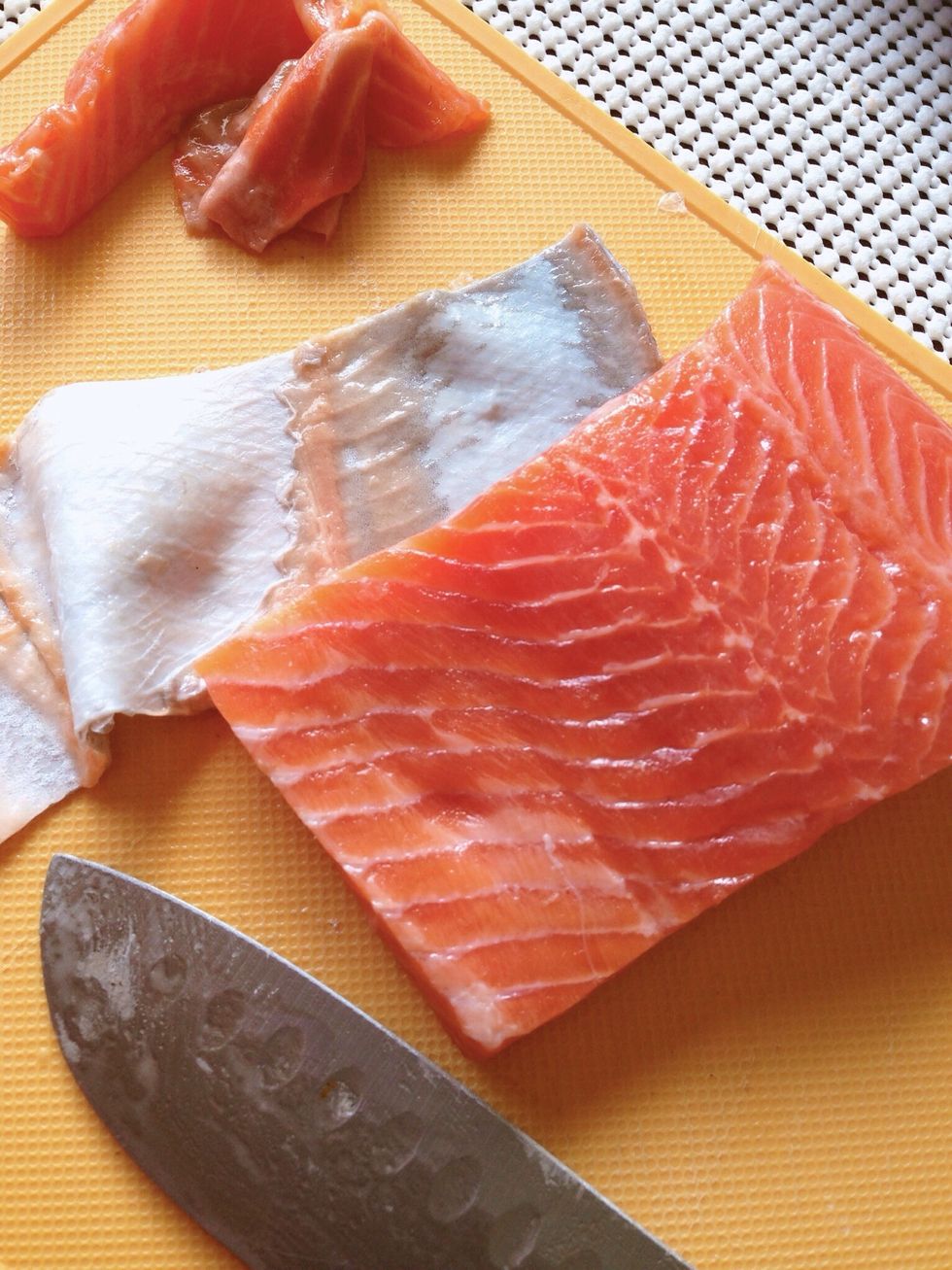 Start off by carefully removing the sling from your trout (or salmon) fillets with a sharp knife.
