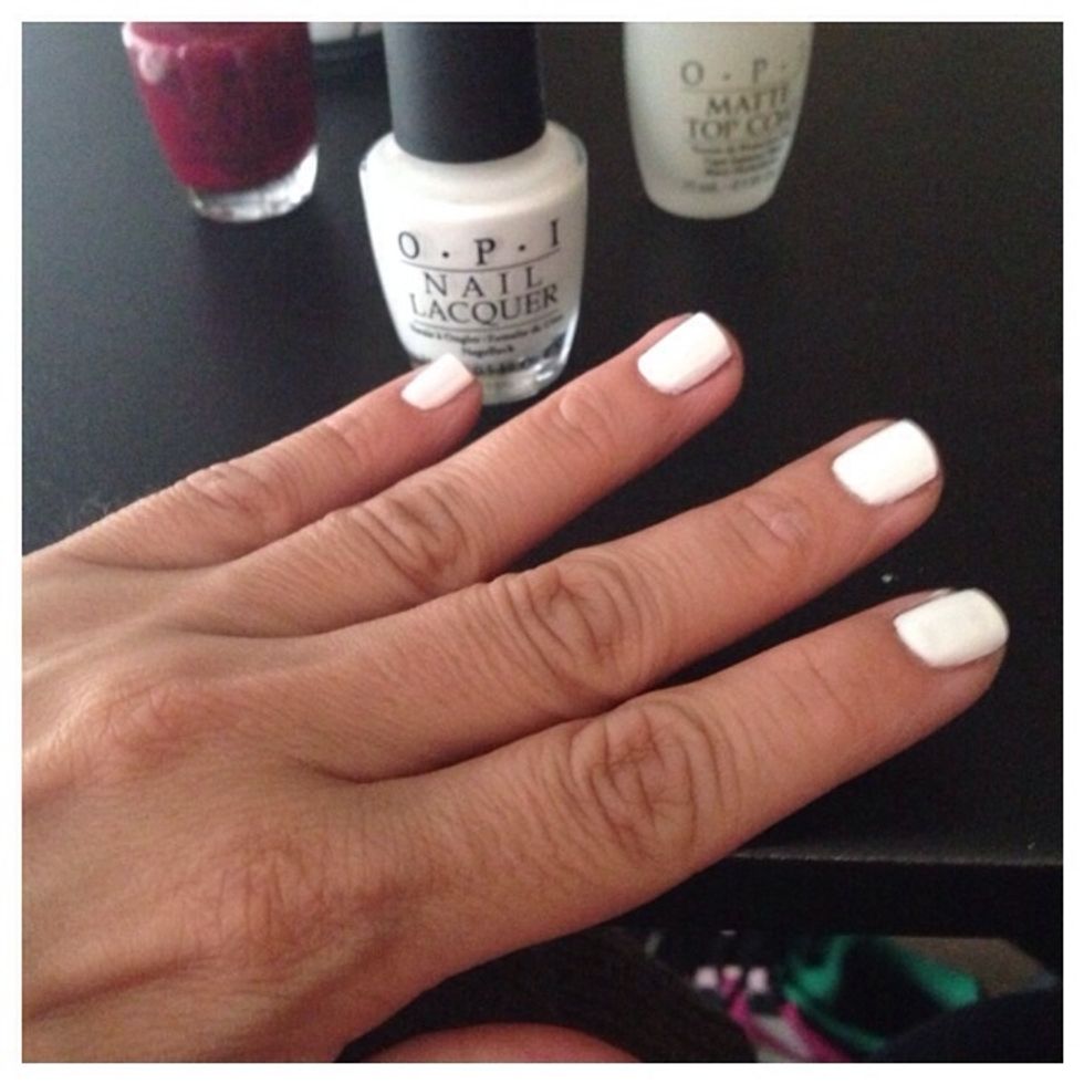 Start off by painting one coat of white polish, let dry for a bit then reapply a second coat of white